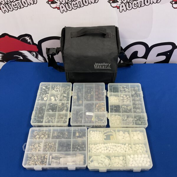Assorted stone beads in plastic storage boxes.
