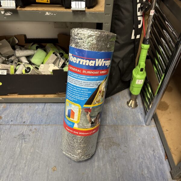 Used Thermawrap insulation roll, 600mm x 7.5m, for building projects.