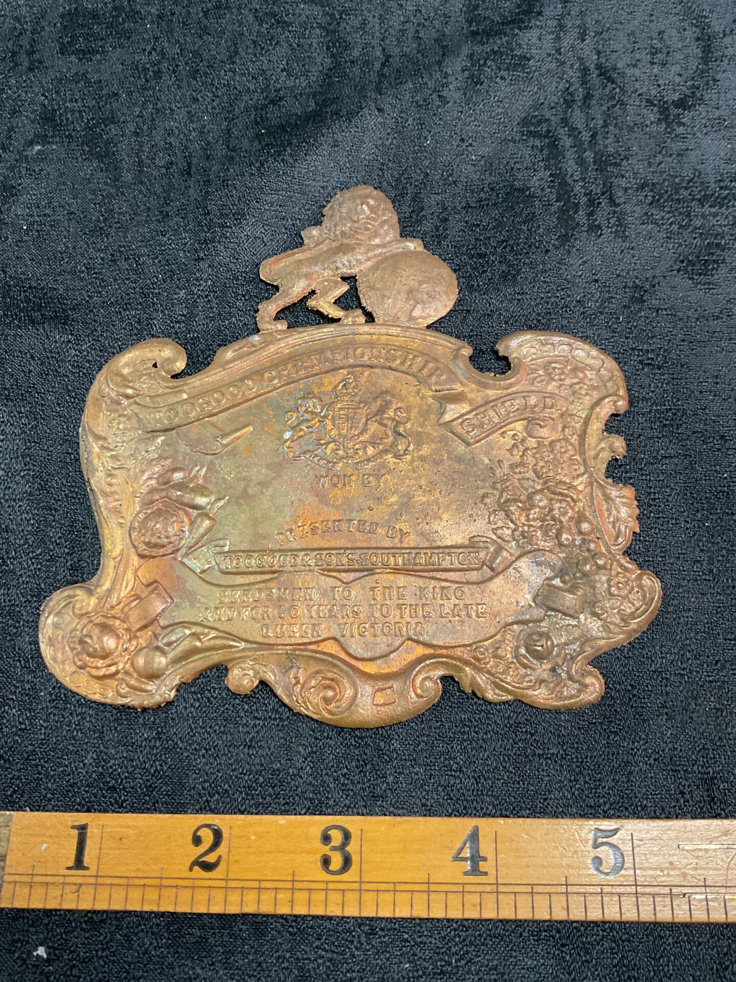 801 Brass plaque Toogood Championship shield seedsmen to the king and for 50 years to the late queen victoria circa 1907