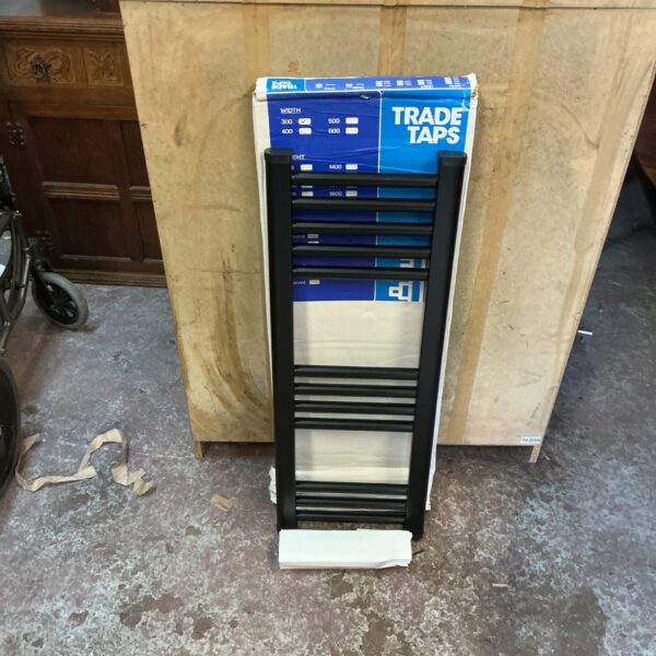 Black ladder rail by Trade Taps, 800x300mm, for bathroom towel storage.