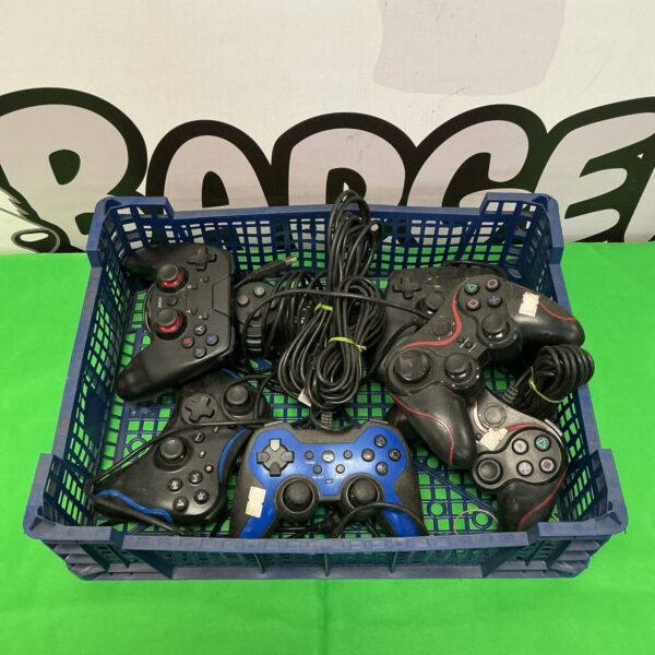 Lot of used USB gaming controllers for PC gaming.