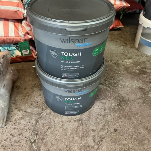Two tubs of Valspar Trade emulsion paint base for DIY projects.