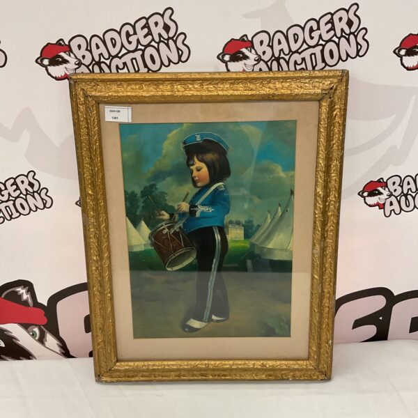Antique Victorian oil painting of a young drummer girl in a gilt frame.