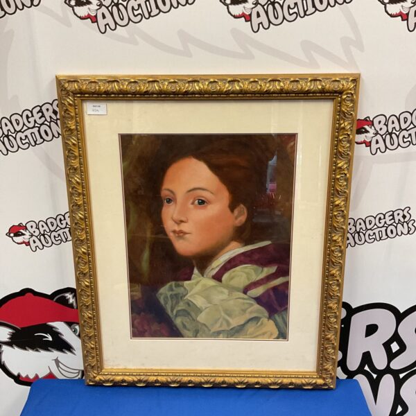 Large Victorian watercolour portrait painting with gilt frame.
