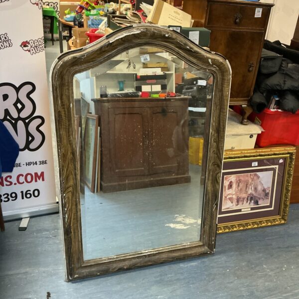 Vintage bevel edge mirror with ornate frame, measuring 48” x 34”.