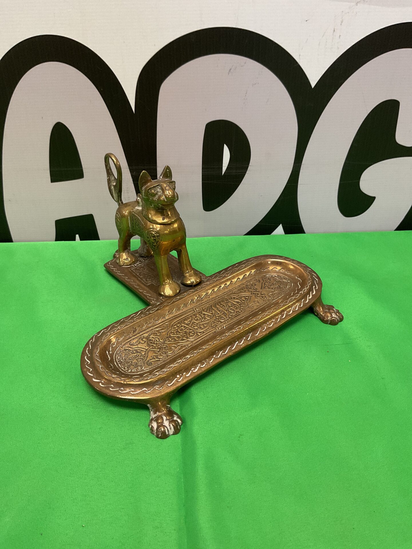 034 Vintage arabic brass cat inkwell