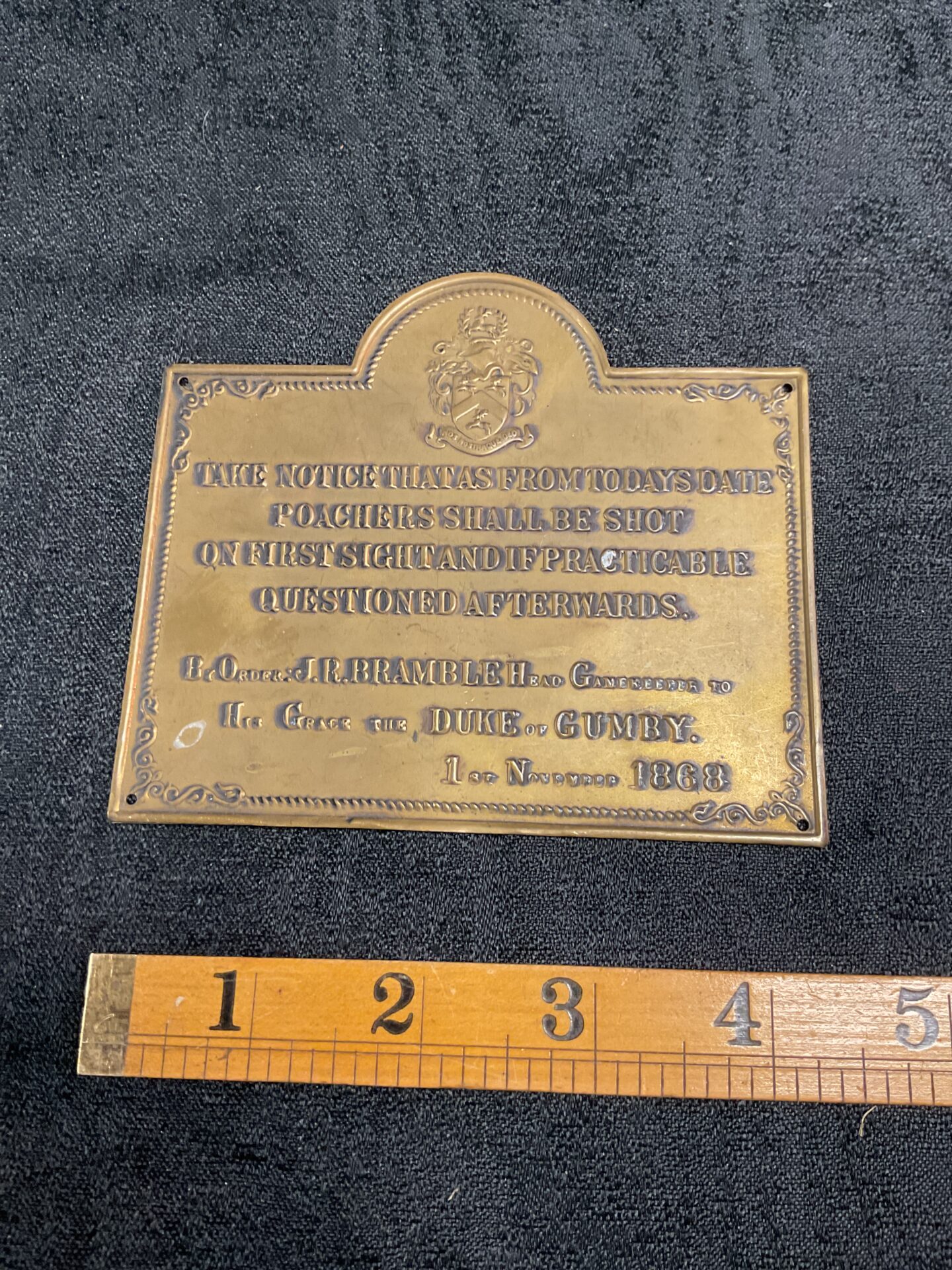 772 Vintage brass poachers will be shot plaque