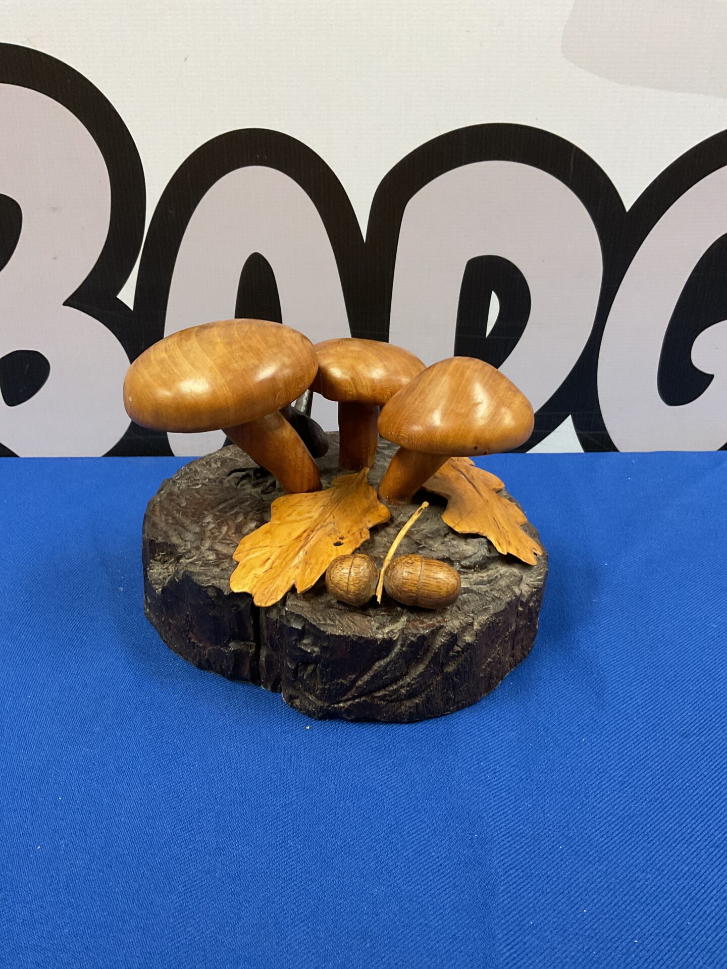 039 Vintage hand carved mushrooms with bird & acorns sculpture