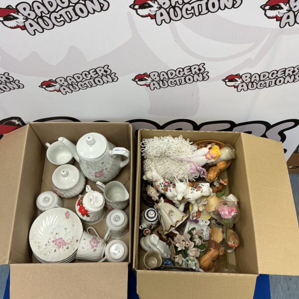 Vintage china tea service and porcelain figurines in a mixed lot.