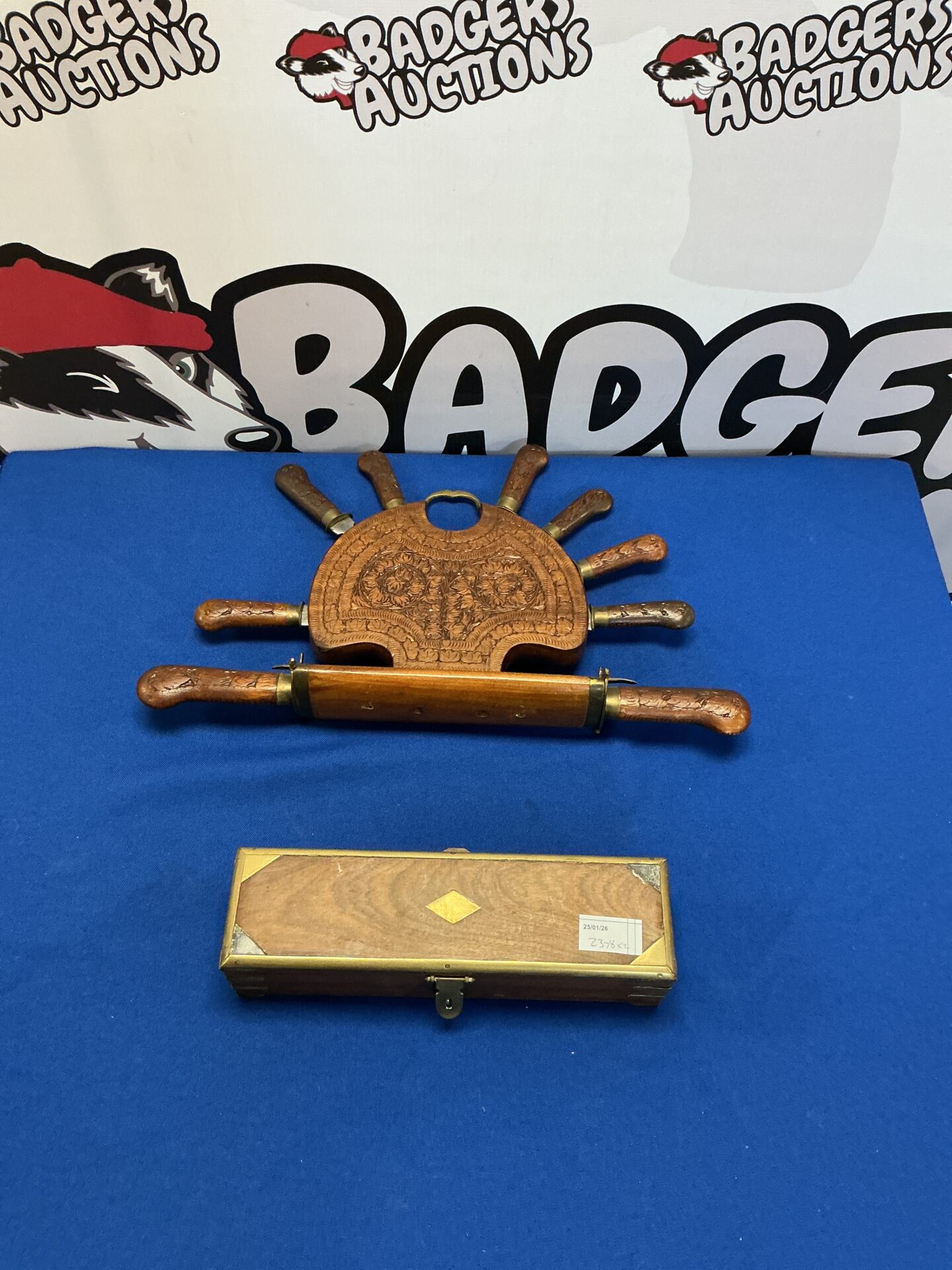 262 Vintage Indian carved wood and brass knives and forks set with inlaid wooden pen and pencil box