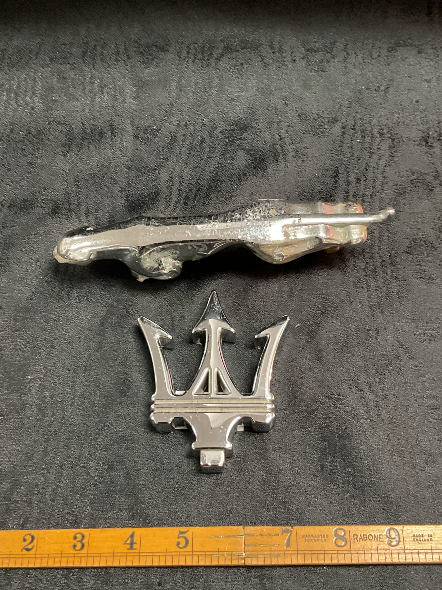 789 vintage Jaguar bonnet leaping cat and Maserati badge paperweight