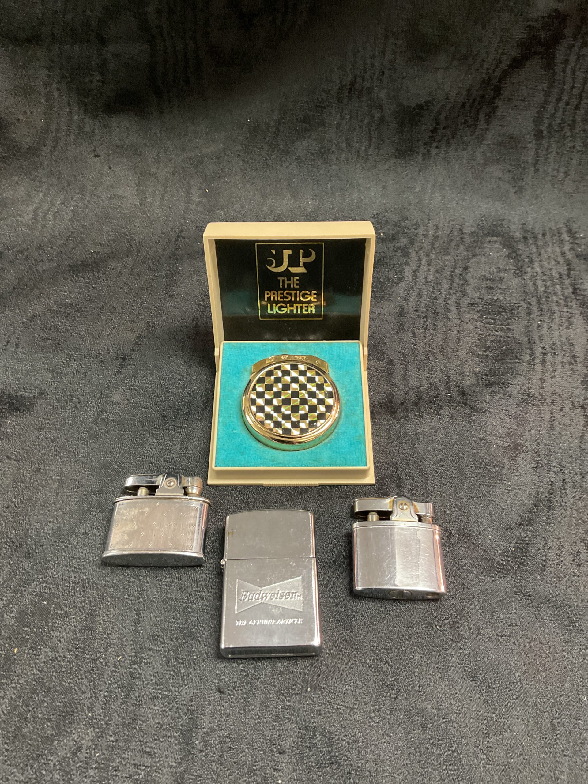 783 For vintage lighters, including JP the prestige lighter in case and Budweiser fliptop lighter