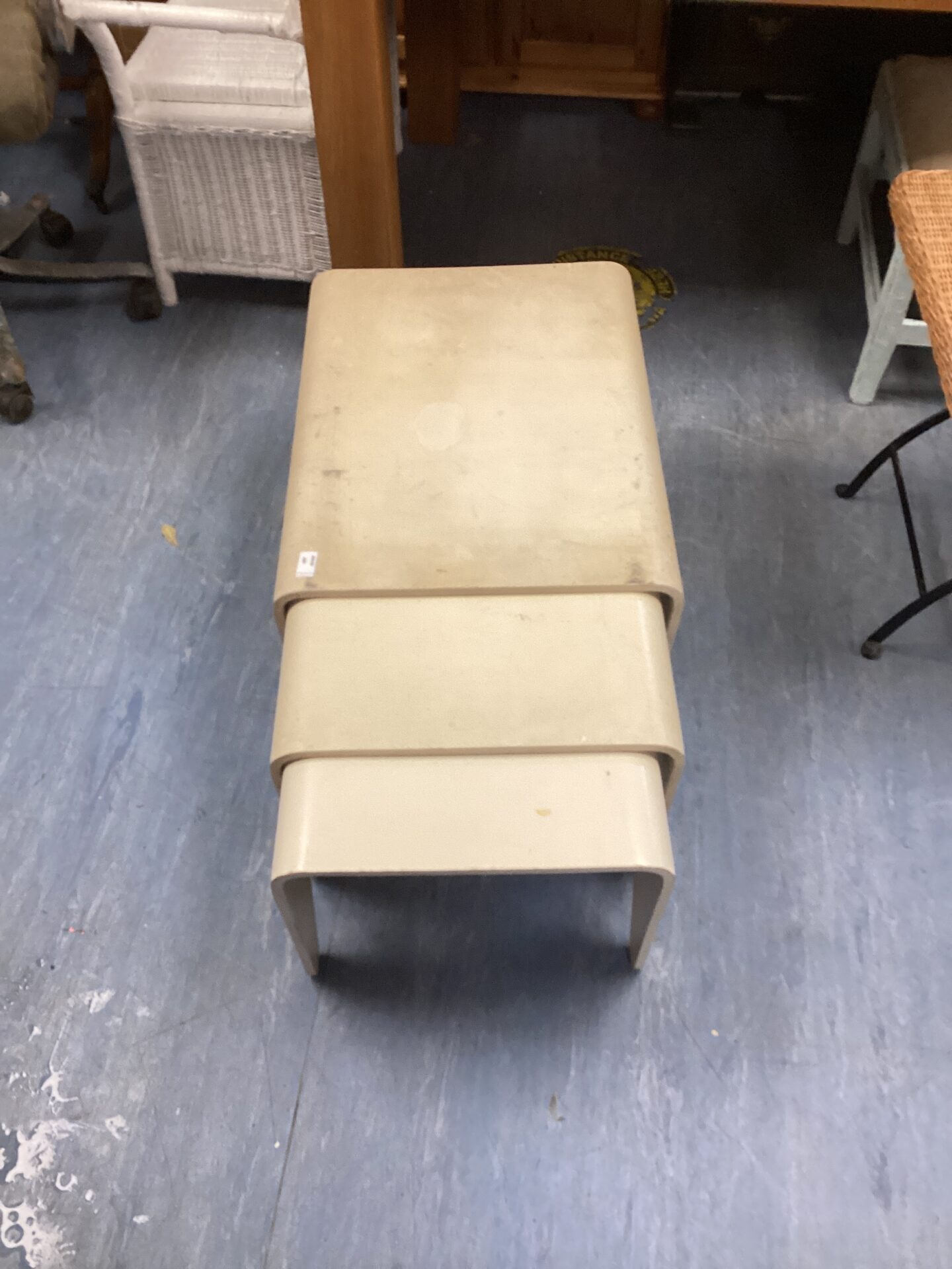 571 Nest of mid century bentwood white painted tables