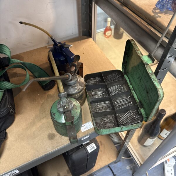 Vintage oil dripper can with box of split pins, antique workshop tools.