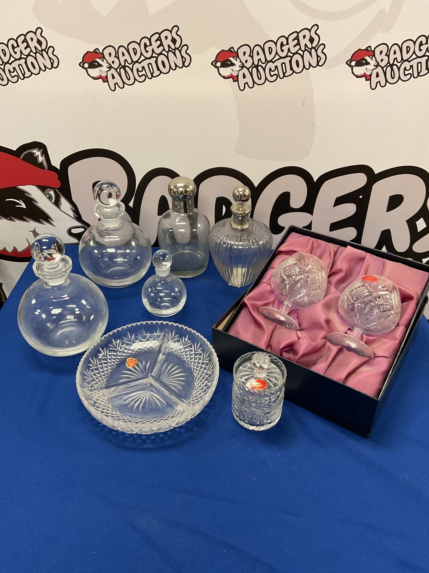 639 Collection of vintage perfume decanter bottles and some Windsor cut crystal goblets and dish