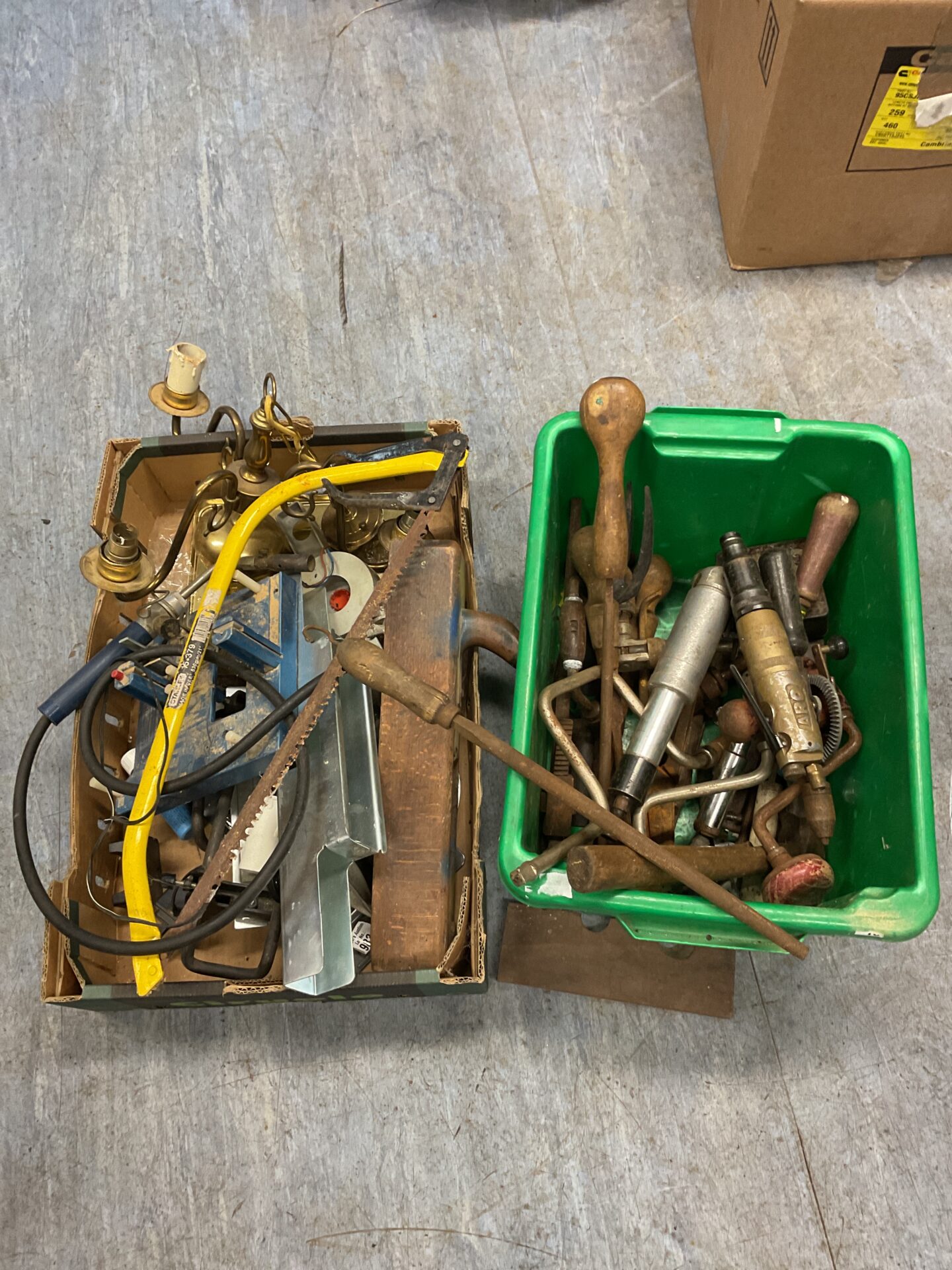 1143 Two boxes of vintage tools inc aro air tool & large block plane