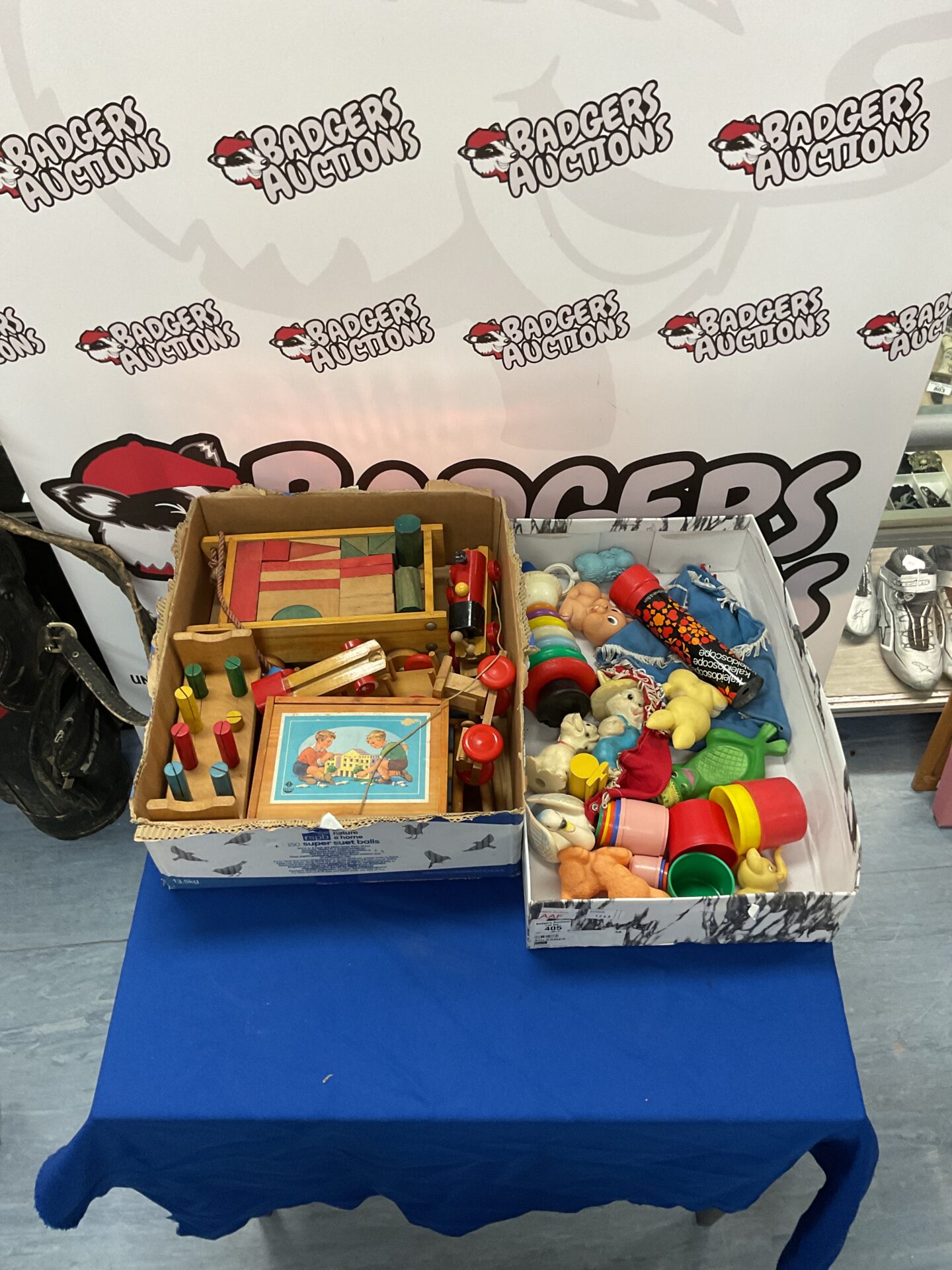 405 Two boxes of vintage toys incl. wooden train