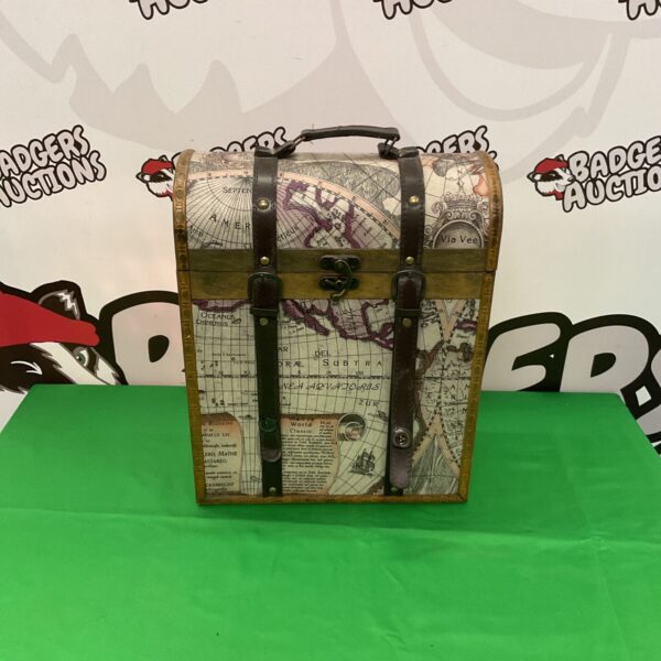 Vintage wine bottle box with detailed map design.