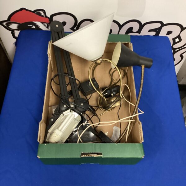 Vintage workshop lamps lot including gooseneck and magnifying lamps.