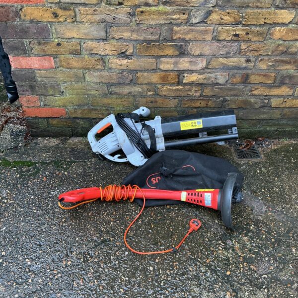 Vonhaus lawn vac and Flymo strimmer combination for garden cleaning.