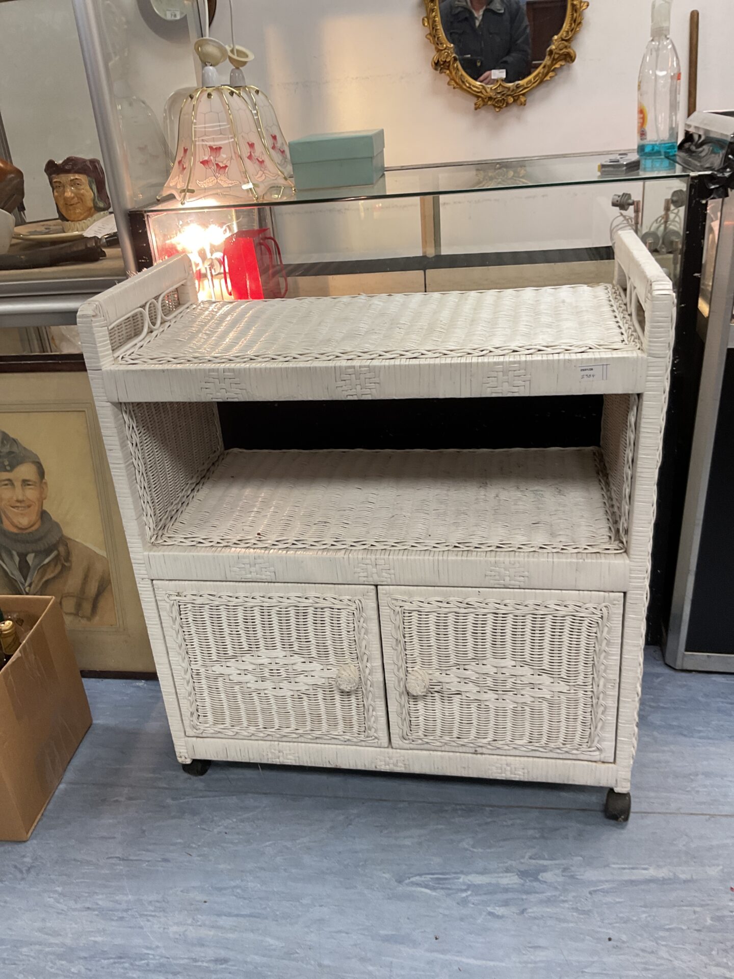631 White rattan wheeled Cabinet trolley 33”x30”x15.5”
