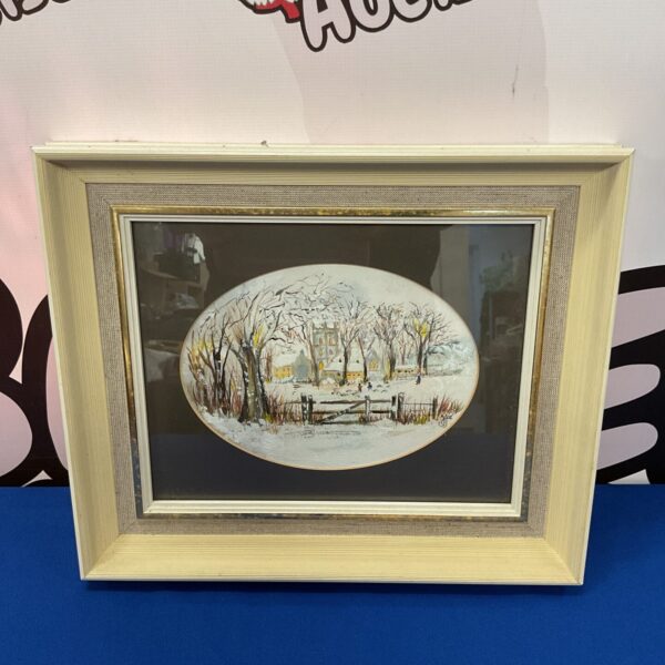 Signed winter village watercolour painting with a church.