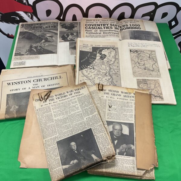 Vintage WWII ephemera collection with a Winston Churchill folder.