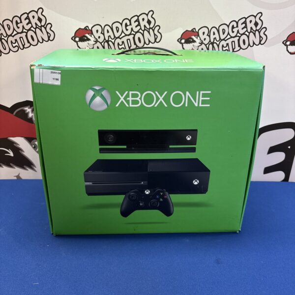 Front view of the boxed Xbox One gaming console.