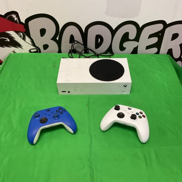 Xbox Series S console and two controllers presented as-found.