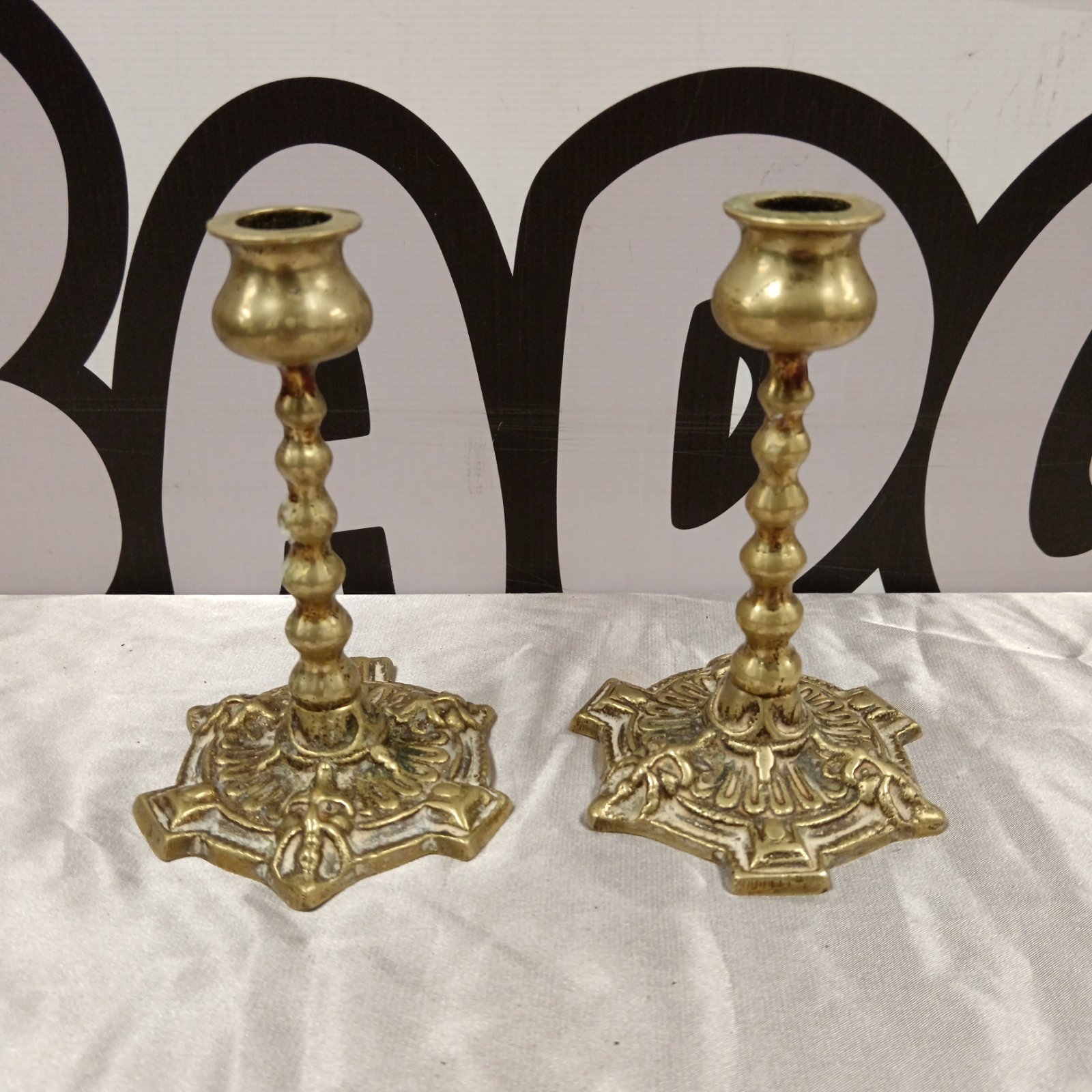 034 Pair of vintage green man barley twist candlesticks