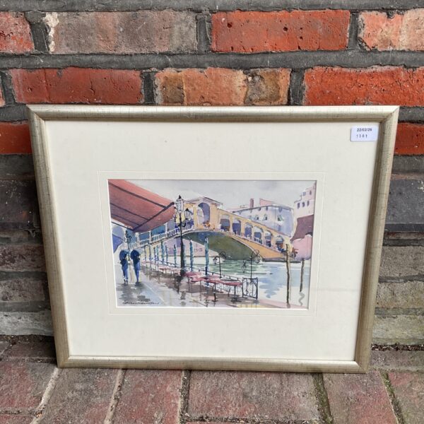 Anthony Lawman watercolour painting of a Venetian bridge scene.
