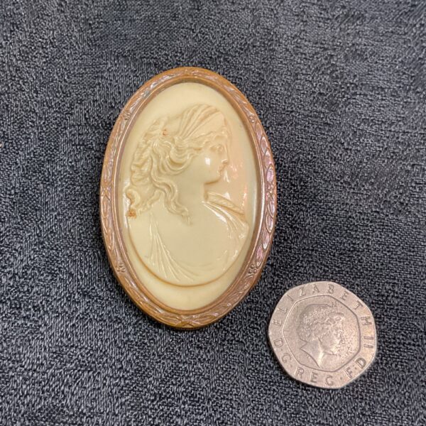 Antique cameo brooch with a copper frame and detailed portrait.