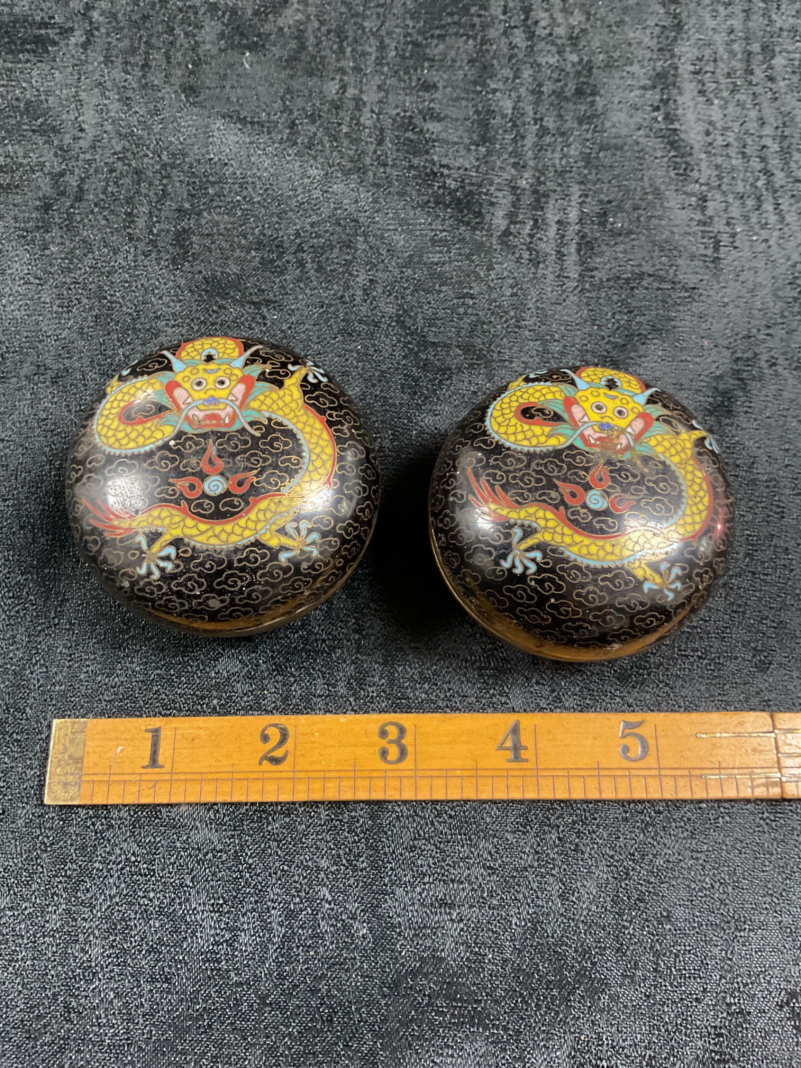 859 A pair of antique Chinese Cloisonne lidded trinket pots with dragon decoration circa 1890