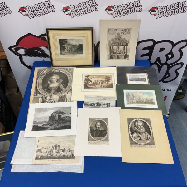 Collection of antique engravings and prints, historical artwork.
