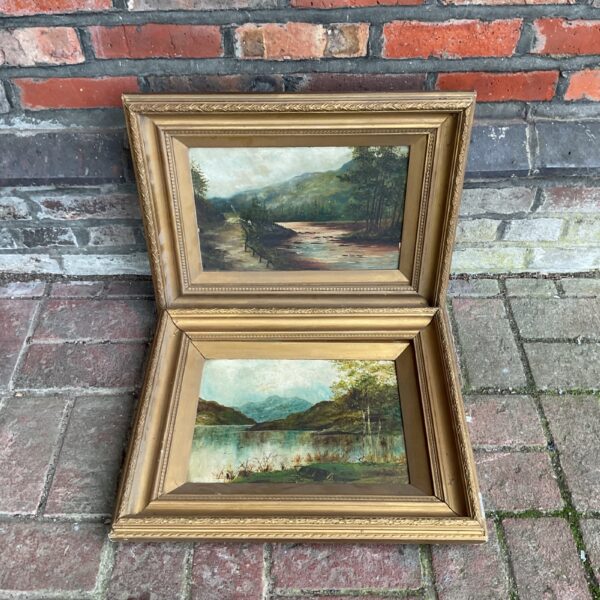 Antique oil landscape paintings in gilt frames, vintage art.