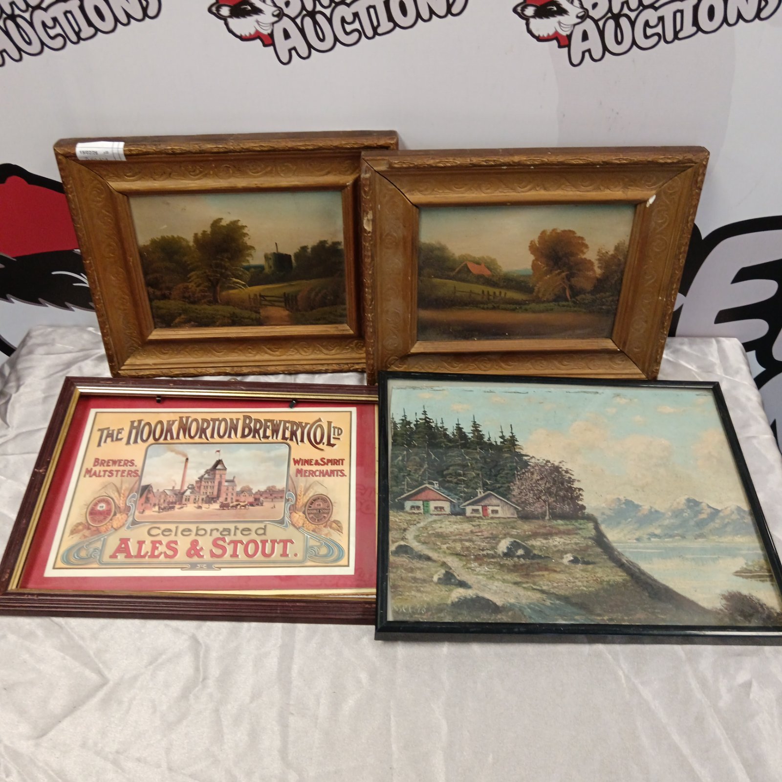 686 Two antique gilt framed oil paintings & two prints
