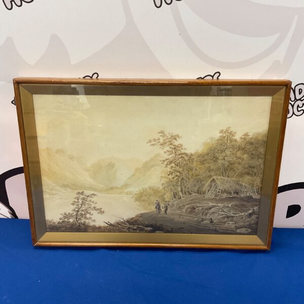 Antique watercolour painting of American prospectors in a mountain landscape.