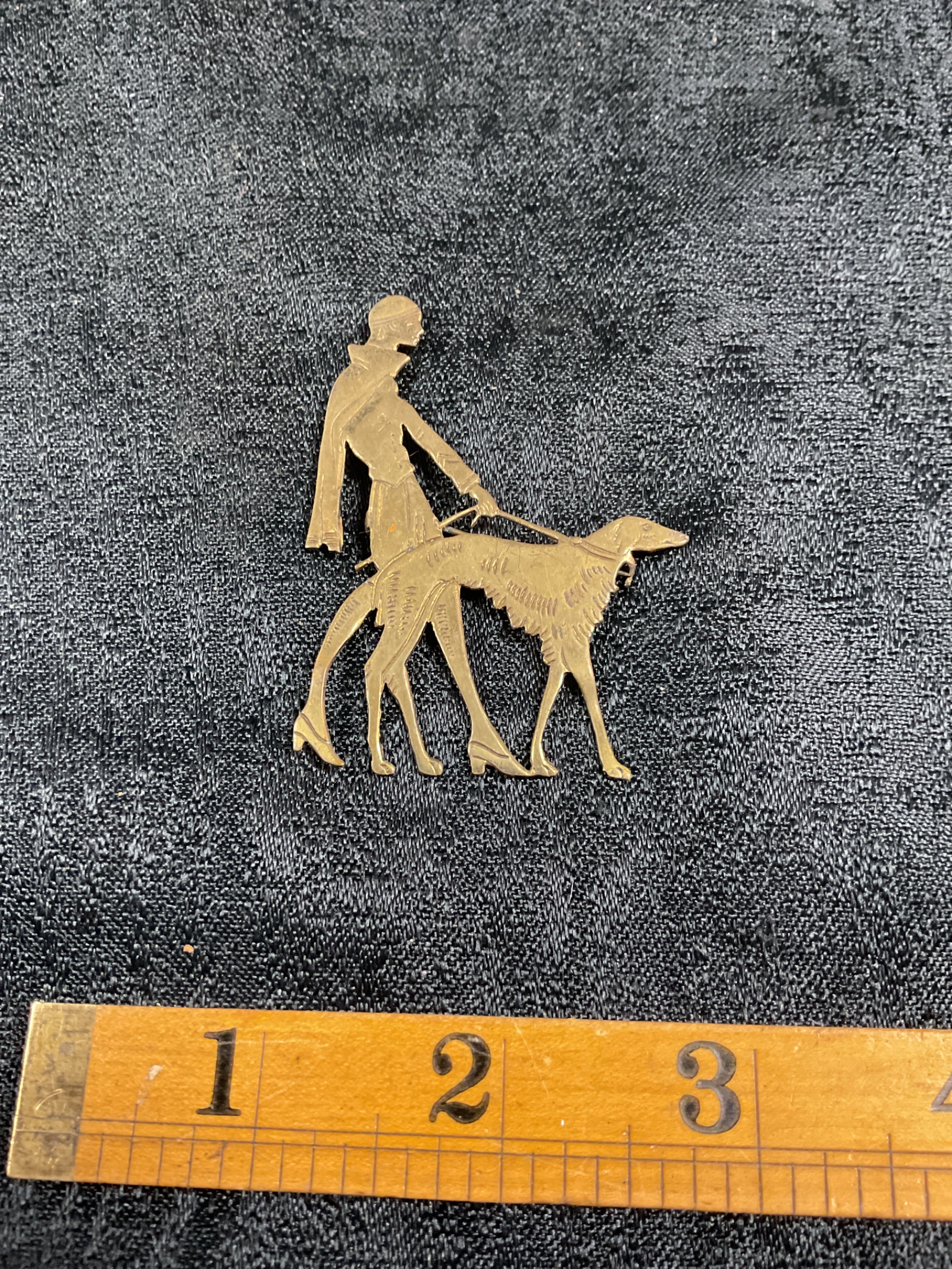 865 Art Deco Brass Lady walking afgan dog brooch
