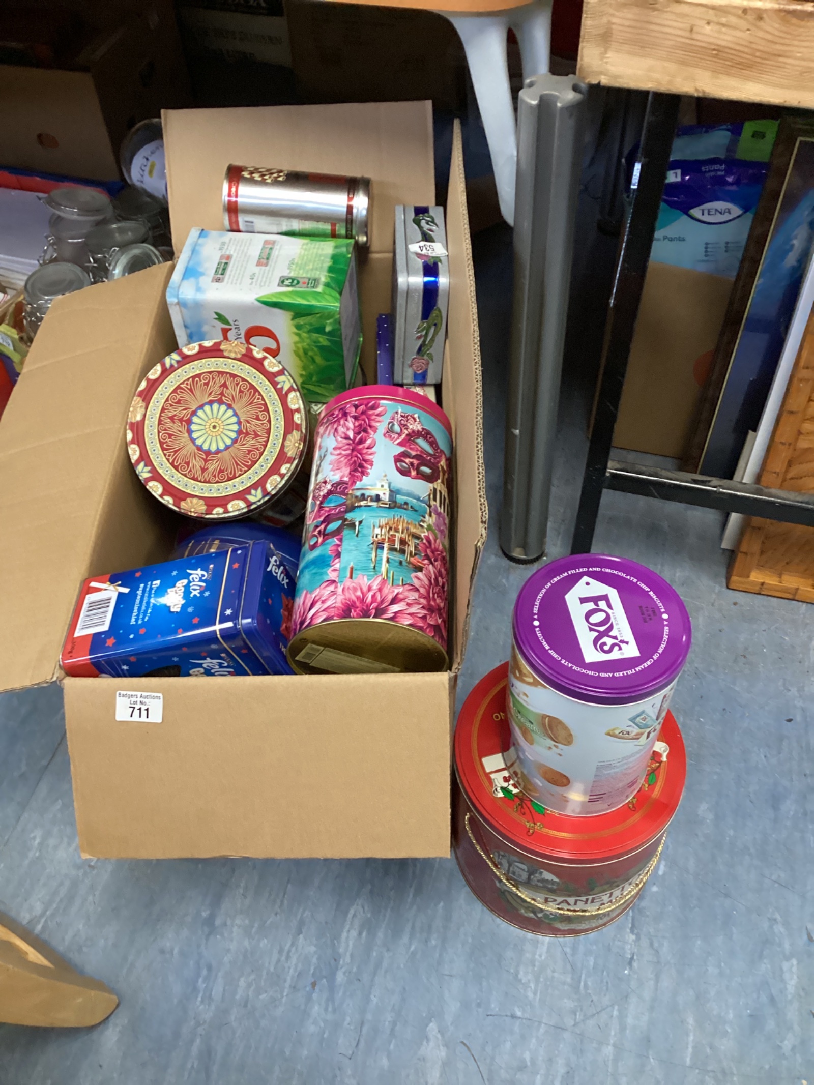 659 Boxof assorted tins inc PG Tips & panettone milano
