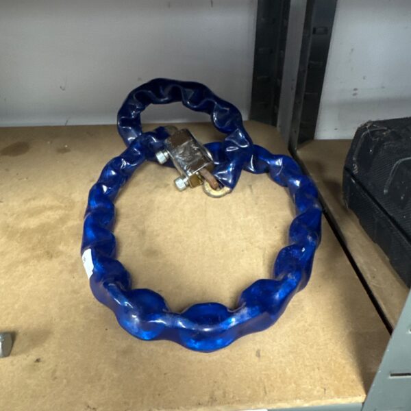 Blue security chain with key for theft prevention.
