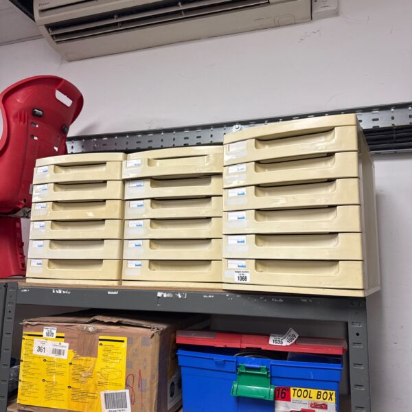 Stack of three vintage Buddi office drawer cabinets for paperwork.