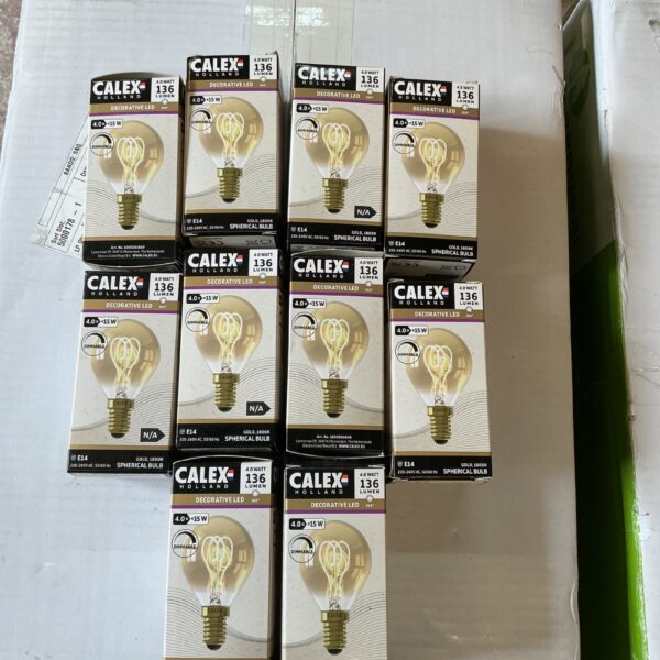 Lot of ten Caleb LED light bulbs in packaging.