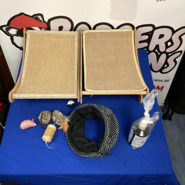 Cat bundle with beds, toys, and scratching post for feline fun.