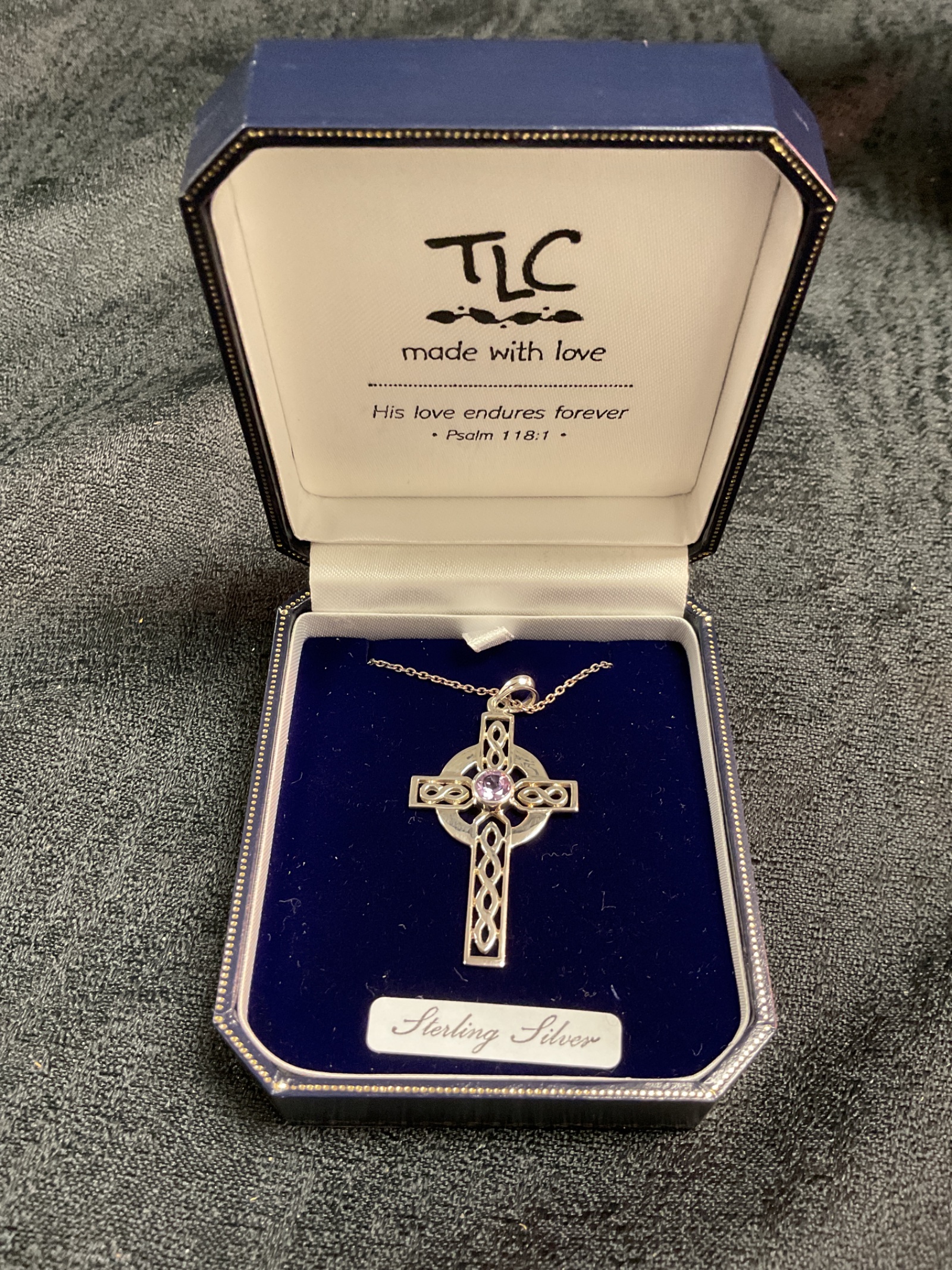 864 sterling silver celtic cross set with amethyst stone pendand necklace