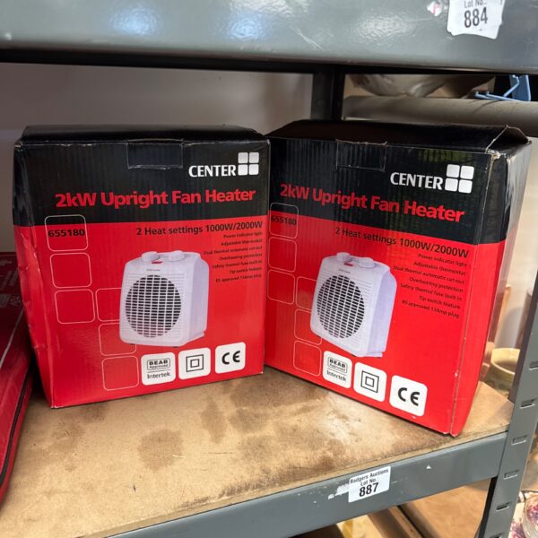 Center 2kW electric heater with adjustable settings.