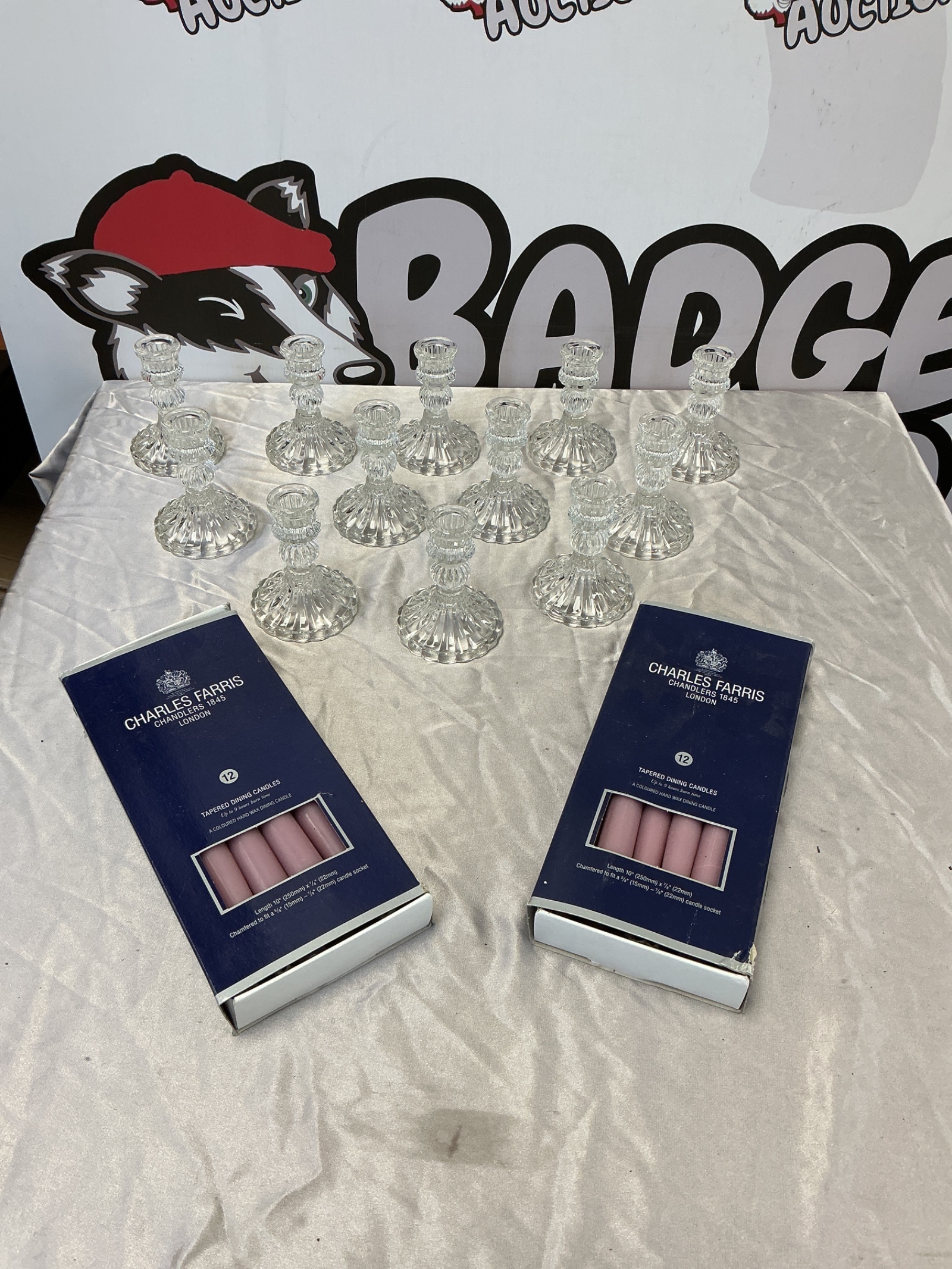 260 12 Glass Candle holders with Charles Farris Candles