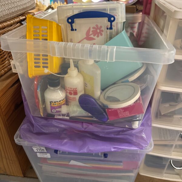 Mixed crafting supplies lot with PVA glue and embellishments.