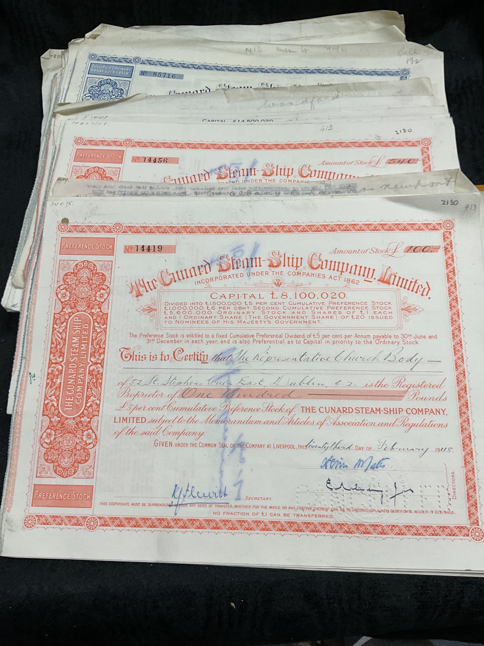 914 Large quantity of the Cunard steam ship company Limited share certificates cancelled
