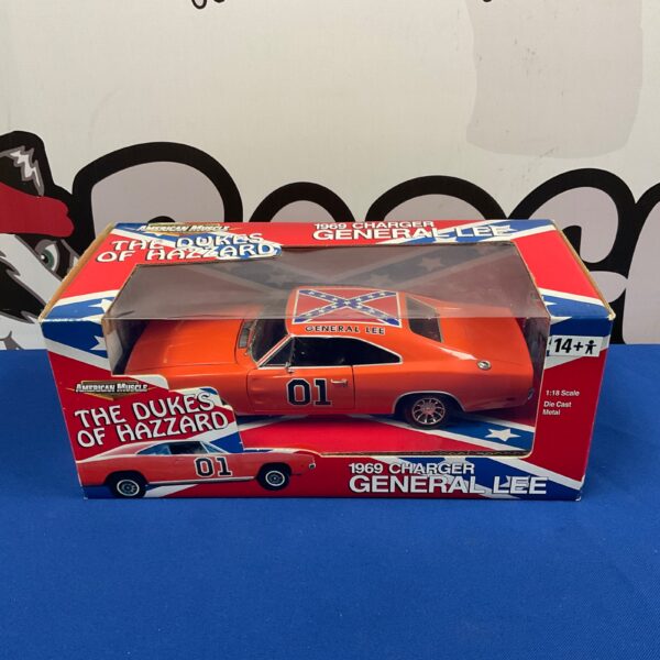 Front view of Dukes of Hazard General Lee diecast car in box.