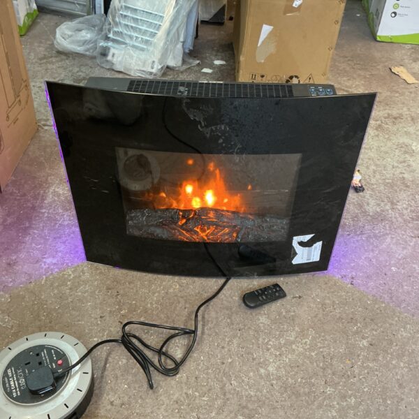 Modern electric fireplace with log effect and remote control.